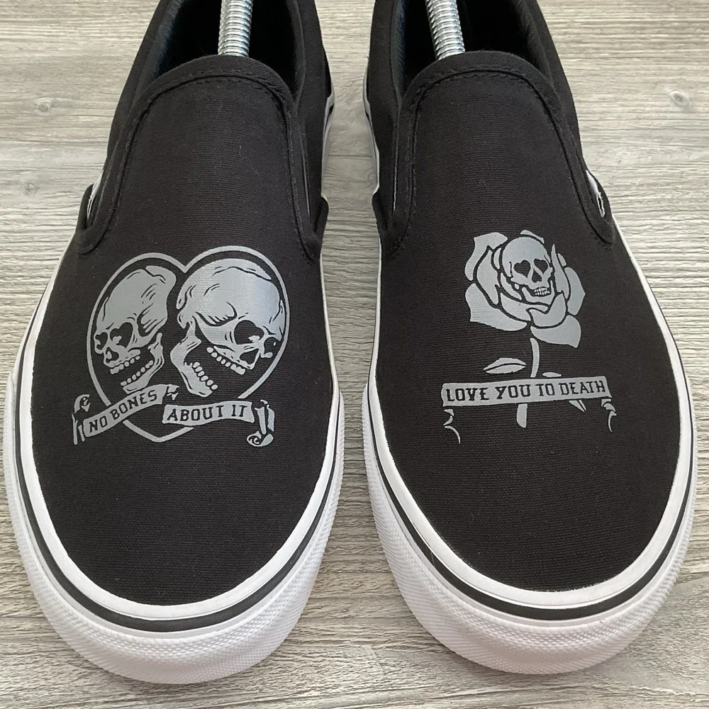VANS Slip On Love You To Death Black Silver Canvas Shoes Womens Size 10 Mens 8.5